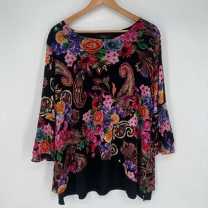 Calessa Womens Tunic Top Size 2X Floral Layered Bell Sleeve Mesh Stretch Boho